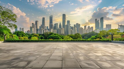 Empty square floor with city skyline background, Cityscape vibrance, vibrant cityscape vista