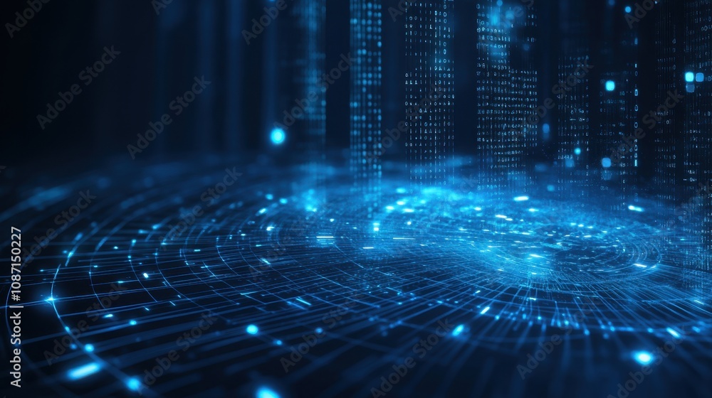 Poster futuristic digital abstract background with glowing particles and data streams in a dynamic, blue co