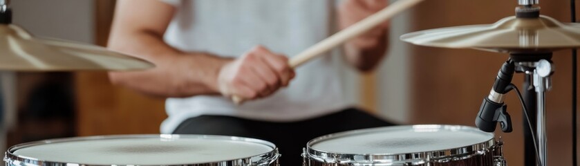 Musician playing drums, energetic performance, indoor setting, capturing the rhythm and passion of music.