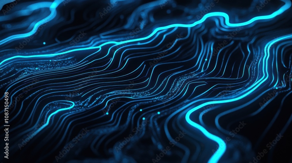 Poster abstract futuristic background with glowing blue lines and waves creating a dynamic flowing pattern 