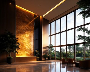 Elegant interior with large windows and plants