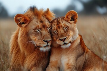 A heartwarming image featuring a pair of lions peacefully resting together, showcasing the beauty and tranquility of nature and wildlife in their natural habitat