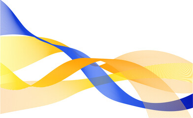 Abstract image featuring flowing blue, yellow, and orange wavy lines that overlap and intertwine. The design is set on a clean white background, representing fluidity, movement, and modern design