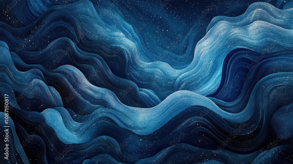 Poster abstract artistic waves in deep blue tones with subtle sparkles and textured swirls evoking a sense 