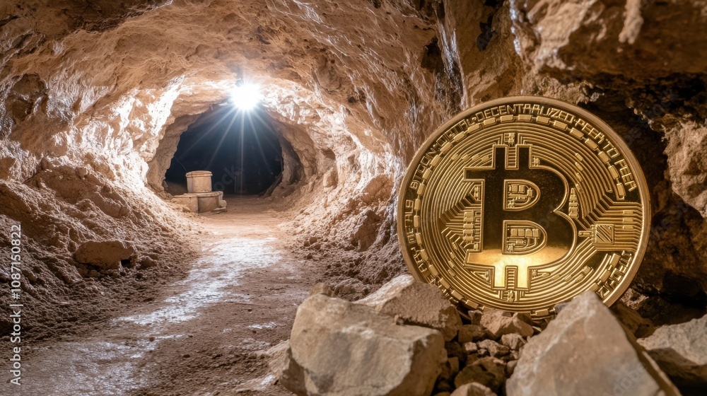 Poster bitcoin mining concept in a dark cave with golden coin representing cryptocurrency and a mining cart