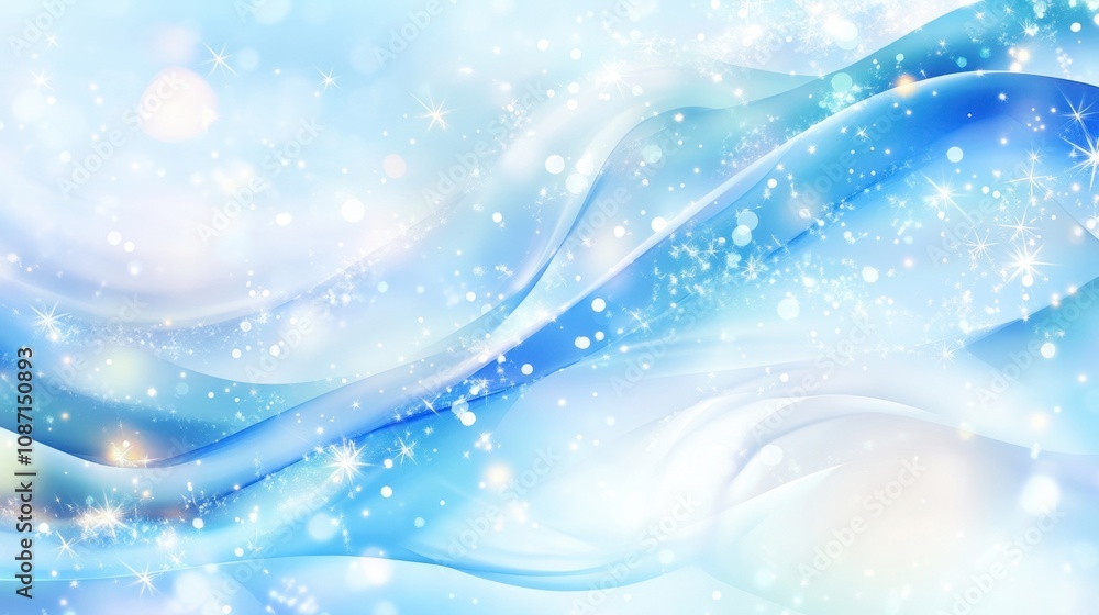 Poster abstract blue and white background with flowing waves, sparkling lights, and soft bokeh effects for 