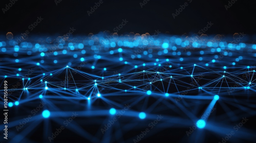 Poster deep tech network connection visualization with bright blue nodes and lines in a dark background rep