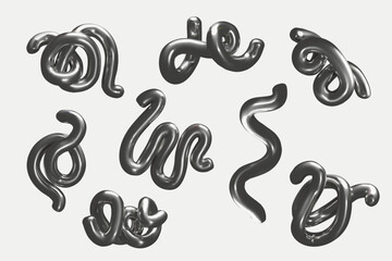 3D set of figures made of silver in form of curved pipes of irregular shape