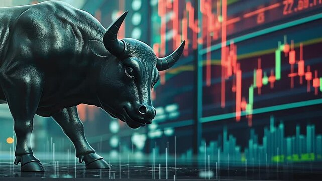 Bull statue with stock market data in the background. Concept of bullish market trends and financial growth.