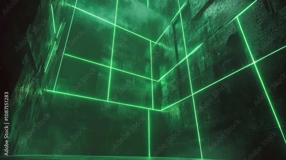 Poster Futuristic Neon Green Grid Design Illuminating a Dark Concrete Environment with Atmospheric Fog and Dynamic Lighting Effects for Digital Art Projects