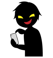 スマホを持った黒色のシルエットの悪人イメージの素材