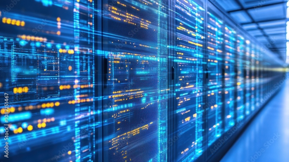 Poster futuristic data center with high-tech servers and glowing fiber optic cables creating a dynamic visu