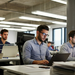 オフィスで仕事をするメガネを掛けた男性社員