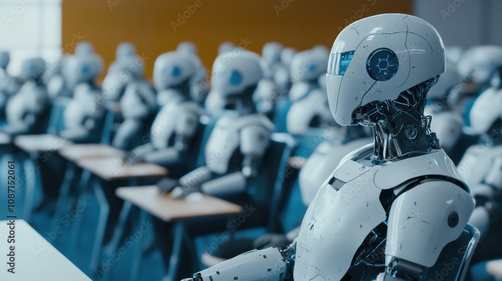 Poster futuristic classroom filled with realistic robots attending a lecture, showcasing technology advance
