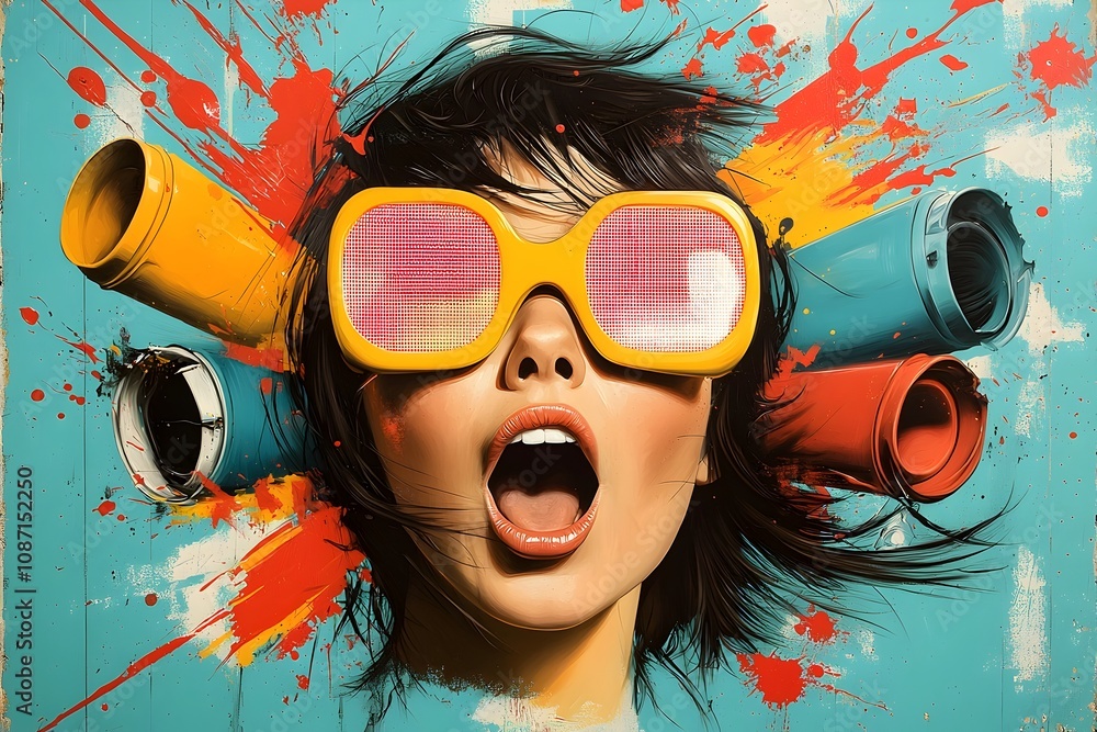 Poster expressive pop art woman with exaggerated features and surprised facial expression set against a vib