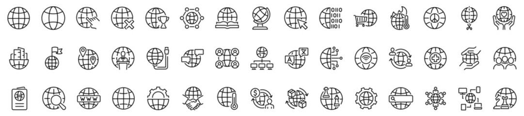 Set of 45 outline icons related to globe. Linear icon collection. Editable stroke. Vector illustration	