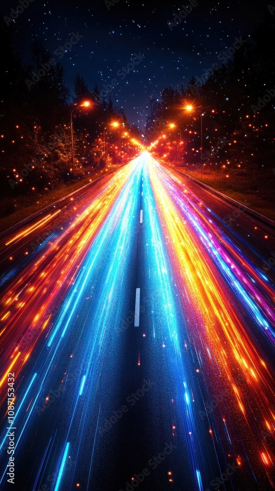 Poster vibrant light trails on a dark road create a dynamic visual effect.