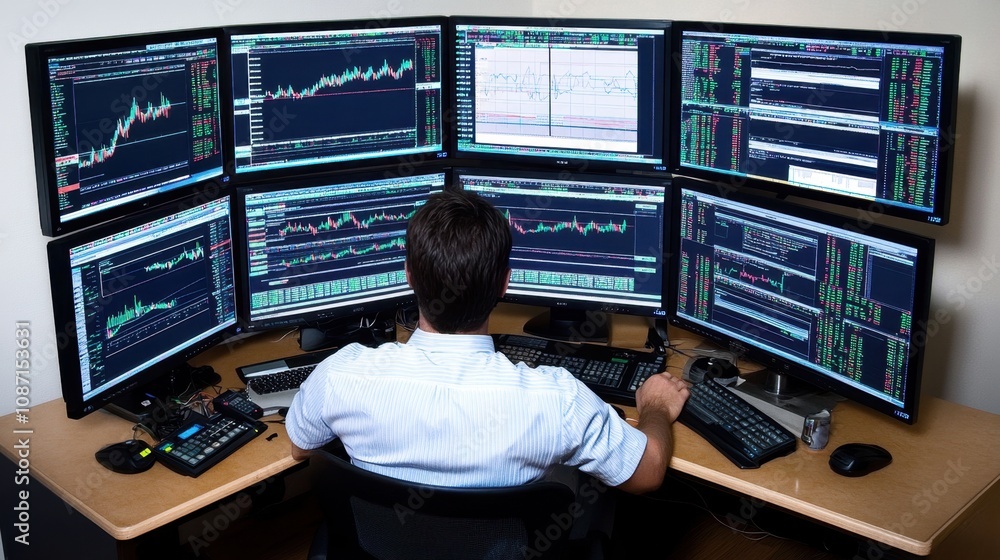 Poster a focused trader analyzes multiple stock charts on a high-tech workstation with six screens displayi