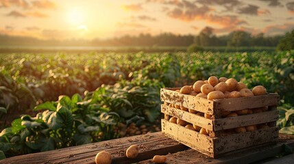 potatoes in wooden crate on table with green field on sunset 