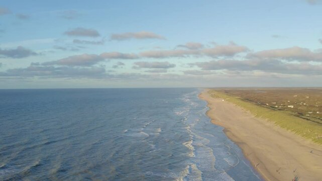 De Koog, Texel, The Netherlands, October 28, 2024, An absolutely breathtaking aerial shot beautifully capturing the tranquil coastal landscape along with the vast ocean