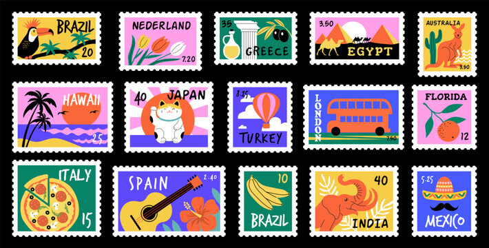 Post stamps. World landmark and architectural objects illustrations on post stamps recent vector template set