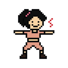 Obraz premium Cute cartoon pixel character cute woman exercises training dance lifestyle music decoration life style 8 bit female girl dance with music game fitness isolated PNG vector.