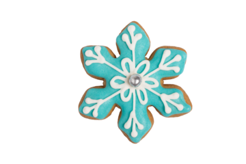 Homemade gingerbread cookie „Snowflake“ on white, isolated Christmas handmade gingerbread cookie „Snowflake“  on white background, Christmas dessert, top view, flat lay, PNG transparent