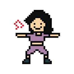 Cute cartoon pixel character cute woman exercises training dance lifestyle music decoration life style 8 bit female girl dance with music game fitness isolated PNG vector.