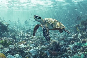 Obraz premium Sea Turtle Swimming Through Plastic Pollution in the Ocean