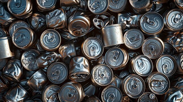 Crushed aluminum cans ready for recycling against a waste-themed background
