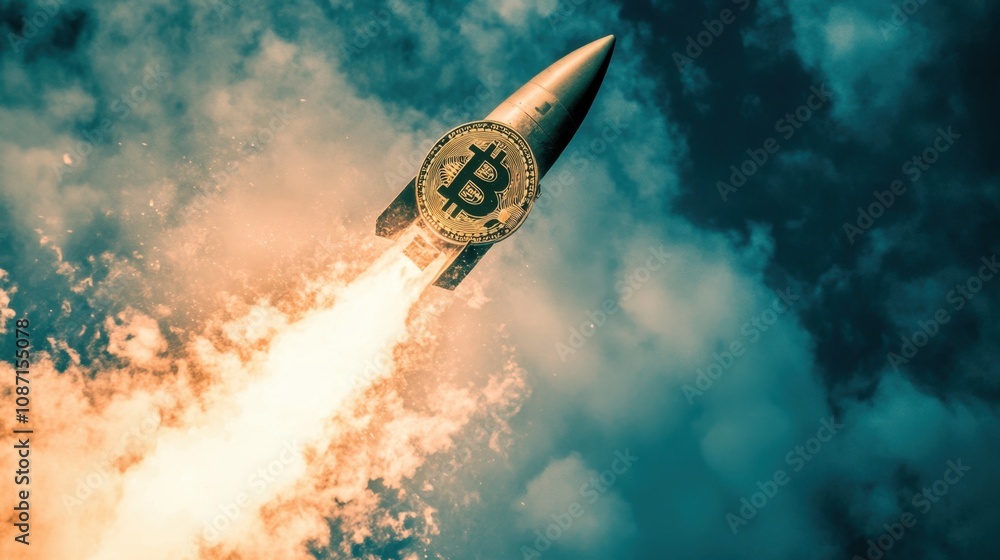 Poster rocket launching into sky with bitcoin symbol representing cryptocurrency growth and innovation in d