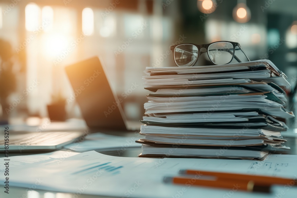 Poster stacked documents with glasses on desk under soft sunlight in modern office environment, showcasing 