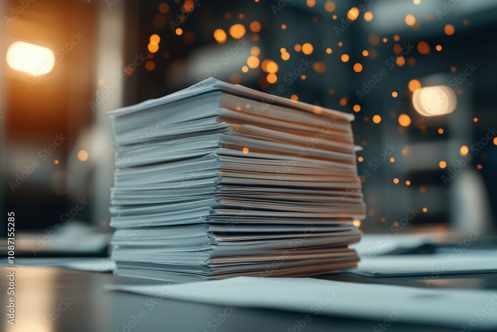 Poster piled stack of white business papers with blurred background featuring soft bokeh lights, representi