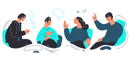 People discussing at conference or forum, business event. Expert speakers sitting in chairs and taking part in discussions or debates, flat vector illustration isolated on white background.