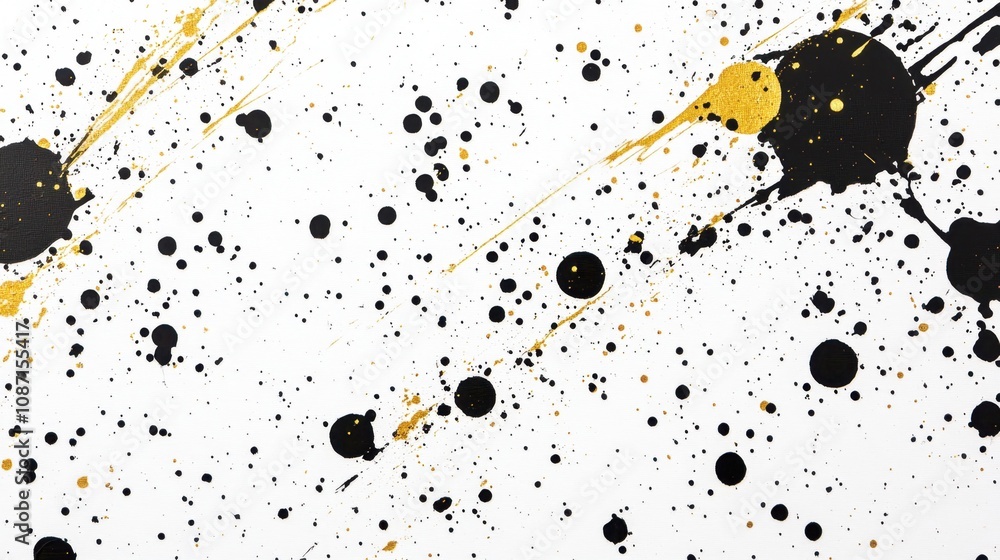 Poster abstract art with black and gold paint splatters on a white background, creating a dynamic and energ