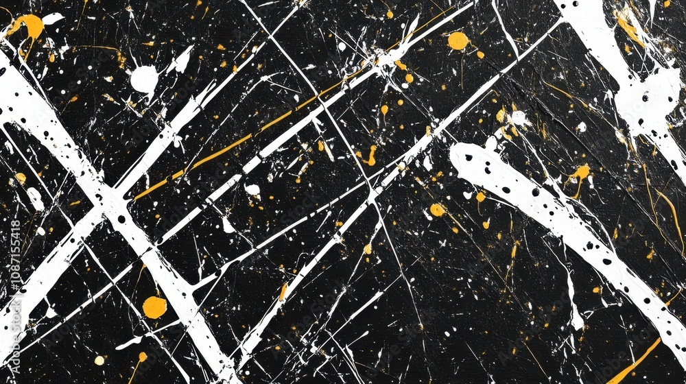 Poster abstract expressionist art featuring dynamic black background with bold white and yellow paint splas