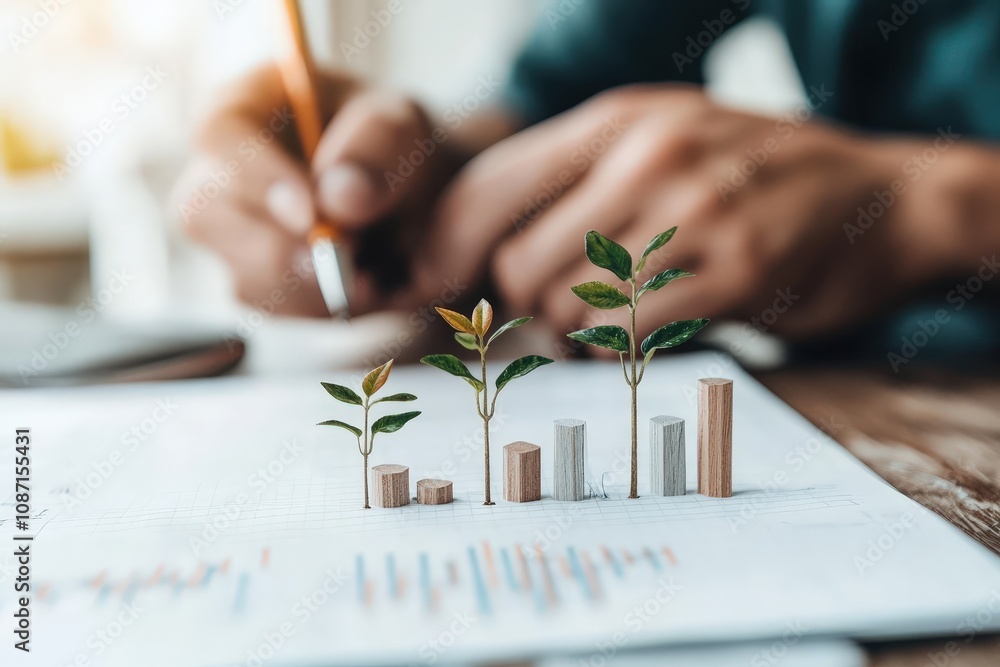 Poster growth visualization concept with sprouting plants emerging from financial charts representing progr