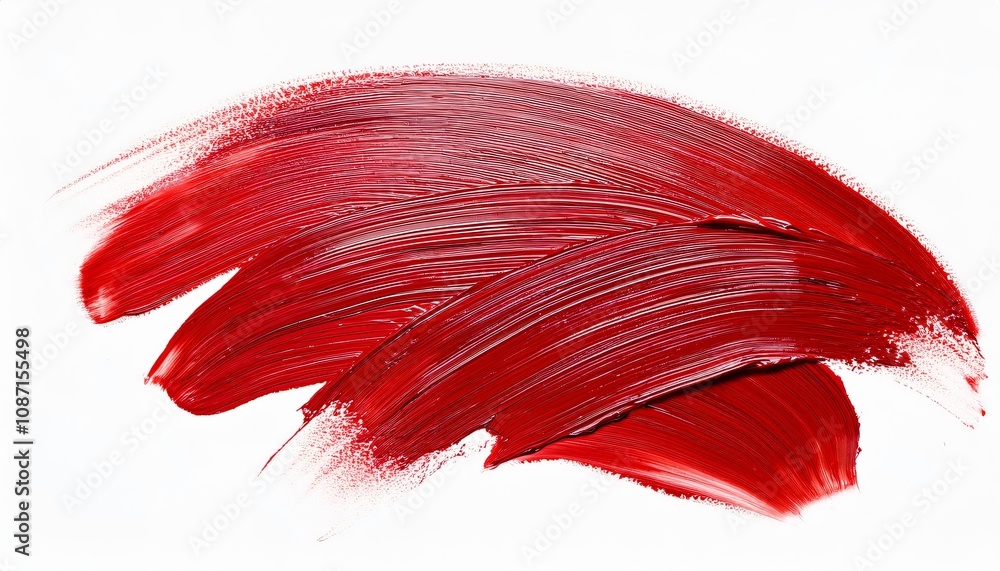 Poster creamy texture of red lipstick is smeared on white background, creating an artistic and abstract com