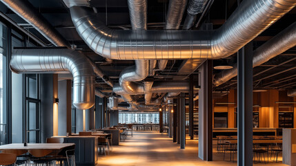 Modern industrial interior with exposed metal air ducts in a spacious open-plan dining area featuring tables and chairs, with warm lighting and large windows.