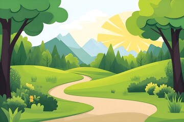 Obraz premium Beautiful landscape vector illustration of mountains, forests, fields and meadows. Stunning panoramic farm landscape with mountains in the background. Natural landscape