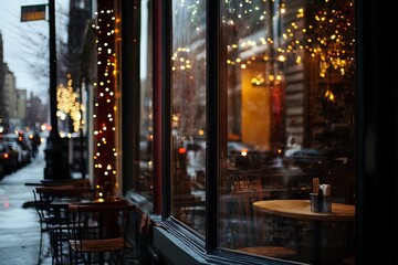 Fototapeta premium Cozy Cafe Window View On A Snowy Evening