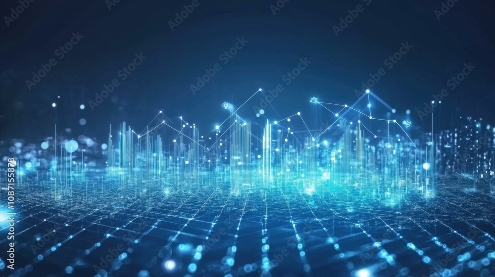 Poster abstract digital landscape with sparkling lights and data visualization elements representing techno