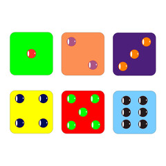A set of six colorful dice, each showing a different number of dots. The dice are in various colors, including green, orange, purple, yellow, red, and blue.