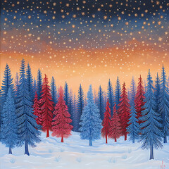 Naklejka premium Enchanted Winter Landscape with Snowy Trees and Starry Sky at Dusk, Capturing the Tranquility of Nature in a Vibrant Palette of Blues and Reds