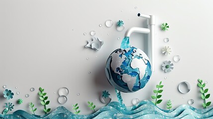 World Water Day with a blue Earth incorporated into a water tap design, crafted in a paper-cut style, set against a textured white paper-pattern background