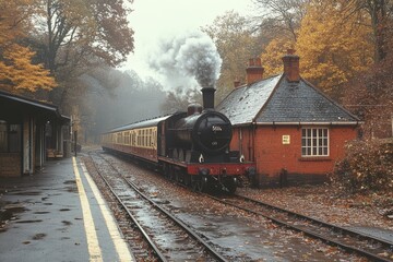 Obraz premium Vintage steam train travels through autumn landscape, surrounded by golden leaves, evoking nostalgia and the charm of classic railway journeys
