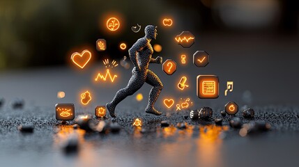 A miniature figure runs amidst glowing health-related icons, symbolizing fitness and wellness in a dynamic digital landscape.