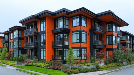 Naklejka premium Modern apartment building with vibrant orange exterior and balconies.