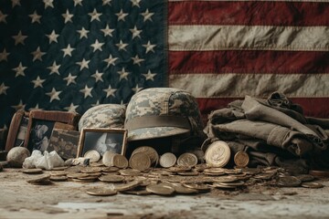 Vintage Military Memorabilia Display with Coins, Service Uniforms, and American Flag Background, Symbolizing Sacrifice and Patriotism in Historical Context