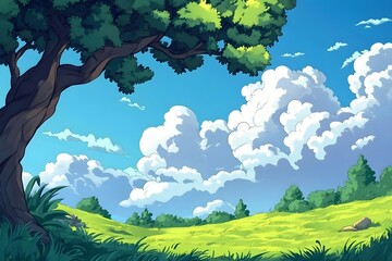 Beautiful landscape vector illustration of mountains, forests, fields and meadows. Stunning panoramic farm landscape with mountains in the background. Natural landscape
